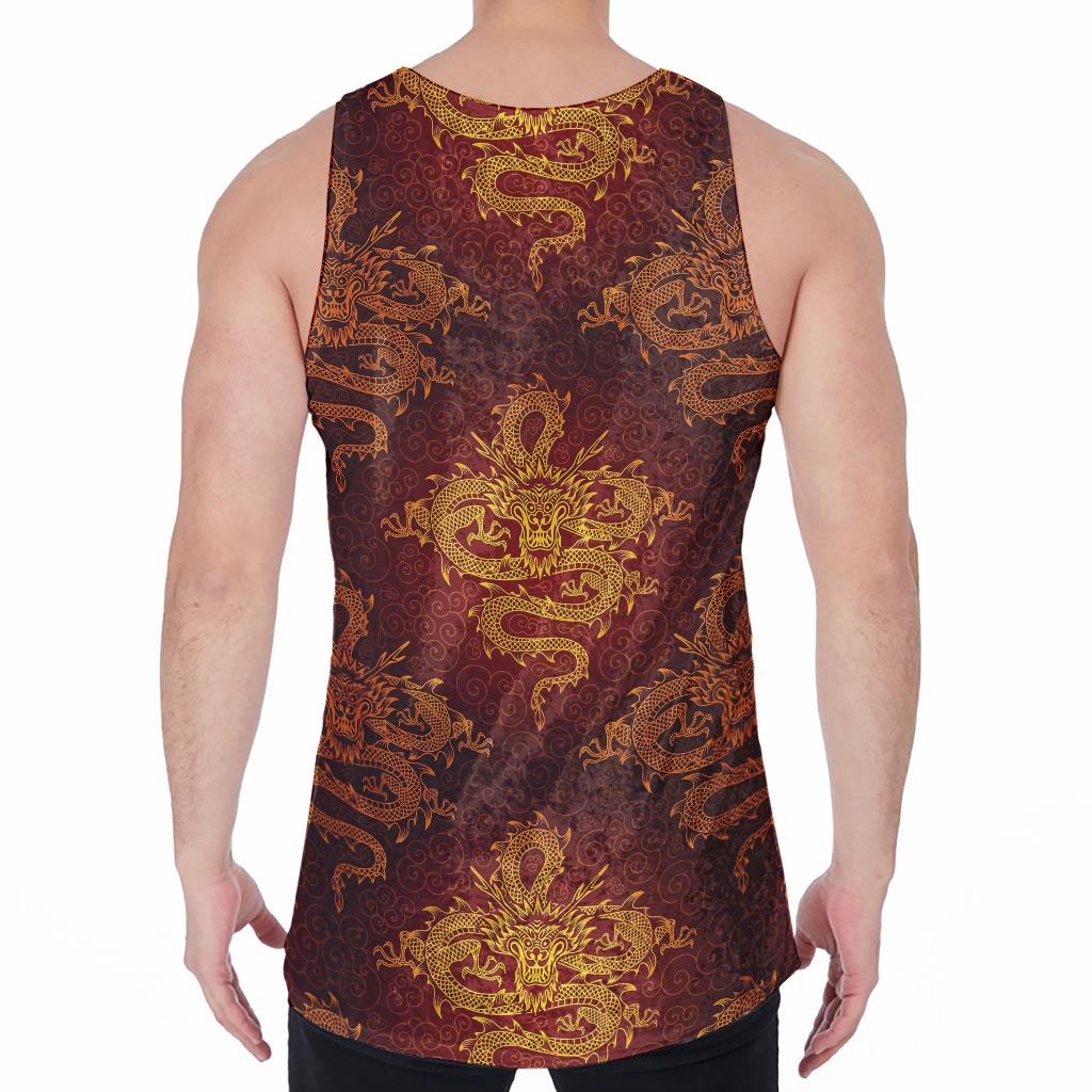 Gold Chinese Dragon Pattern Print Men's Velvet Tank Top