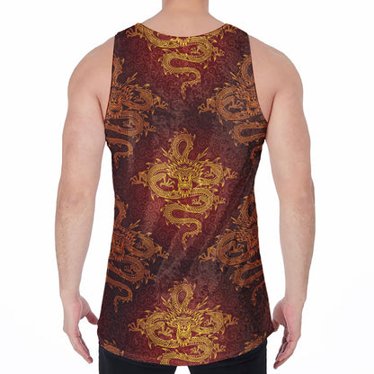 Gold Chinese Dragon Pattern Print Men's Velvet Tank Top
