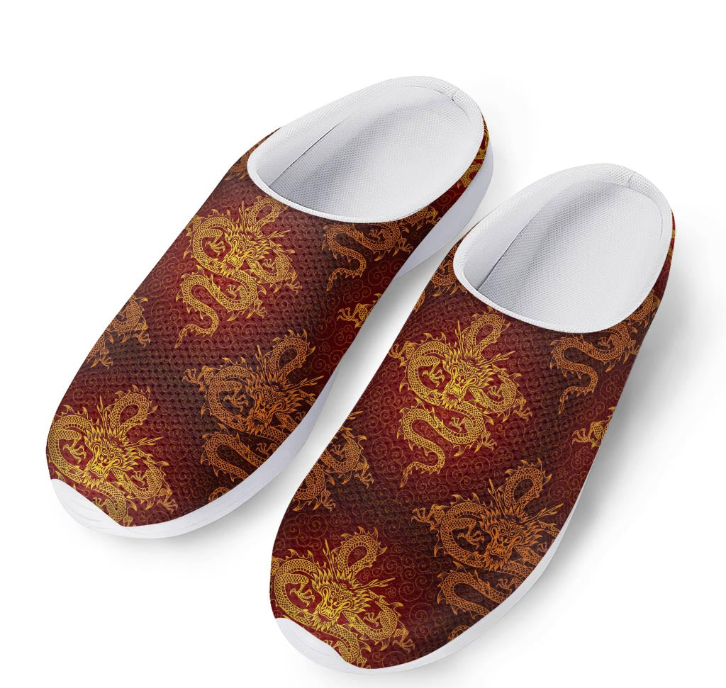 Gold Chinese Dragon Pattern Print Mesh Casual Shoes