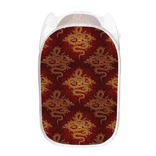 Gold Chinese Dragon Pattern Print Mesh Laundry Hamper
