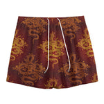 Gold Chinese Dragon Pattern Print Mesh Shorts