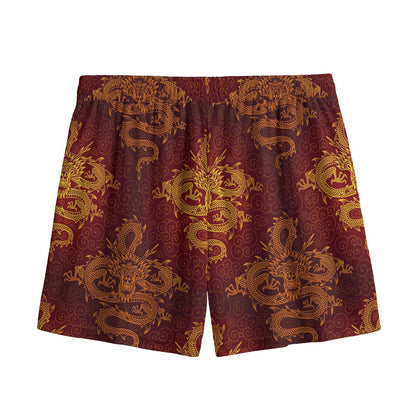 Gold Chinese Dragon Pattern Print Mesh Shorts