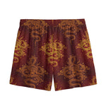 Gold Chinese Dragon Pattern Print Mesh Shorts