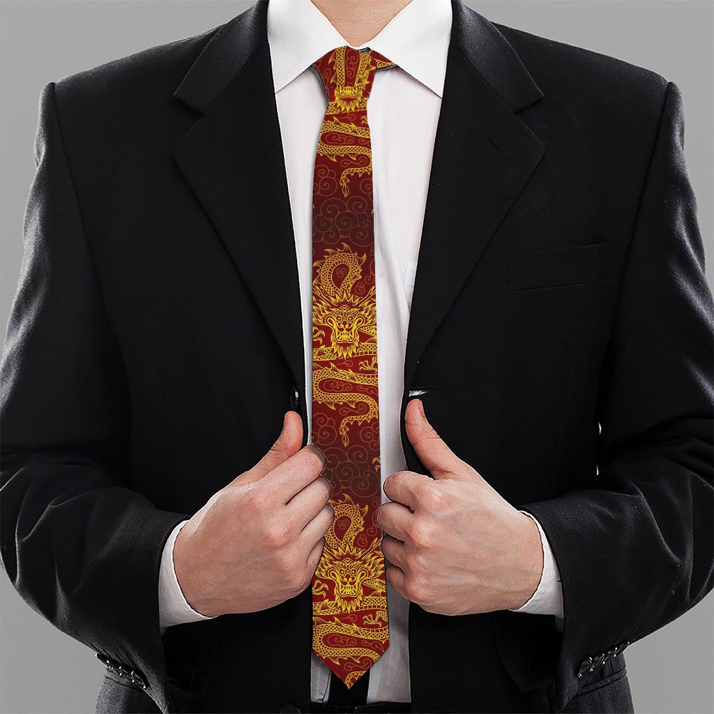 Gold Chinese Dragon Pattern Print Necktie