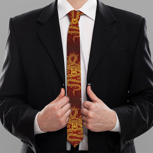 Gold Chinese Dragon Pattern Print Necktie