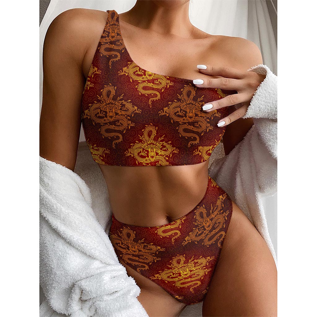 Gold Chinese Dragon Pattern Print One Shoulder Bikini Top