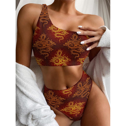 Gold Chinese Dragon Pattern Print One Shoulder Bikini Top