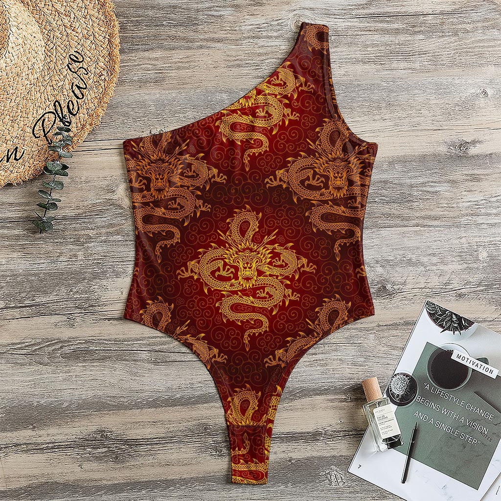 Gold Chinese Dragon Pattern Print One Shoulder Bodysuit
