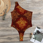 Gold Chinese Dragon Pattern Print One Shoulder Bodysuit