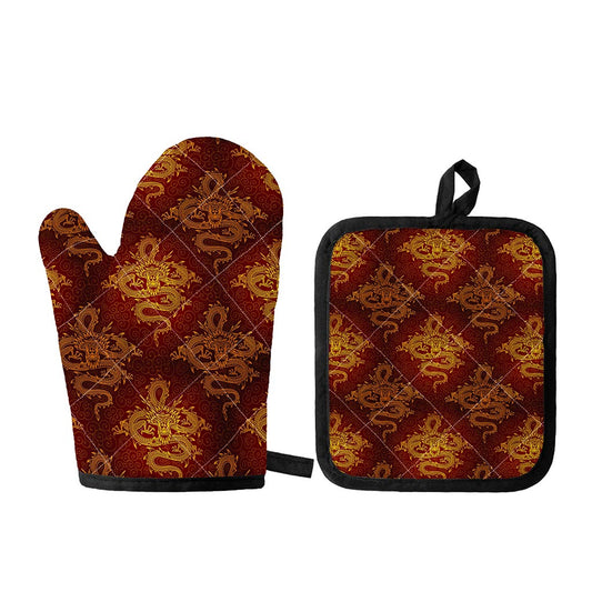 Gold Chinese Dragon Pattern Print Oven Mitt And Pot Holder Set