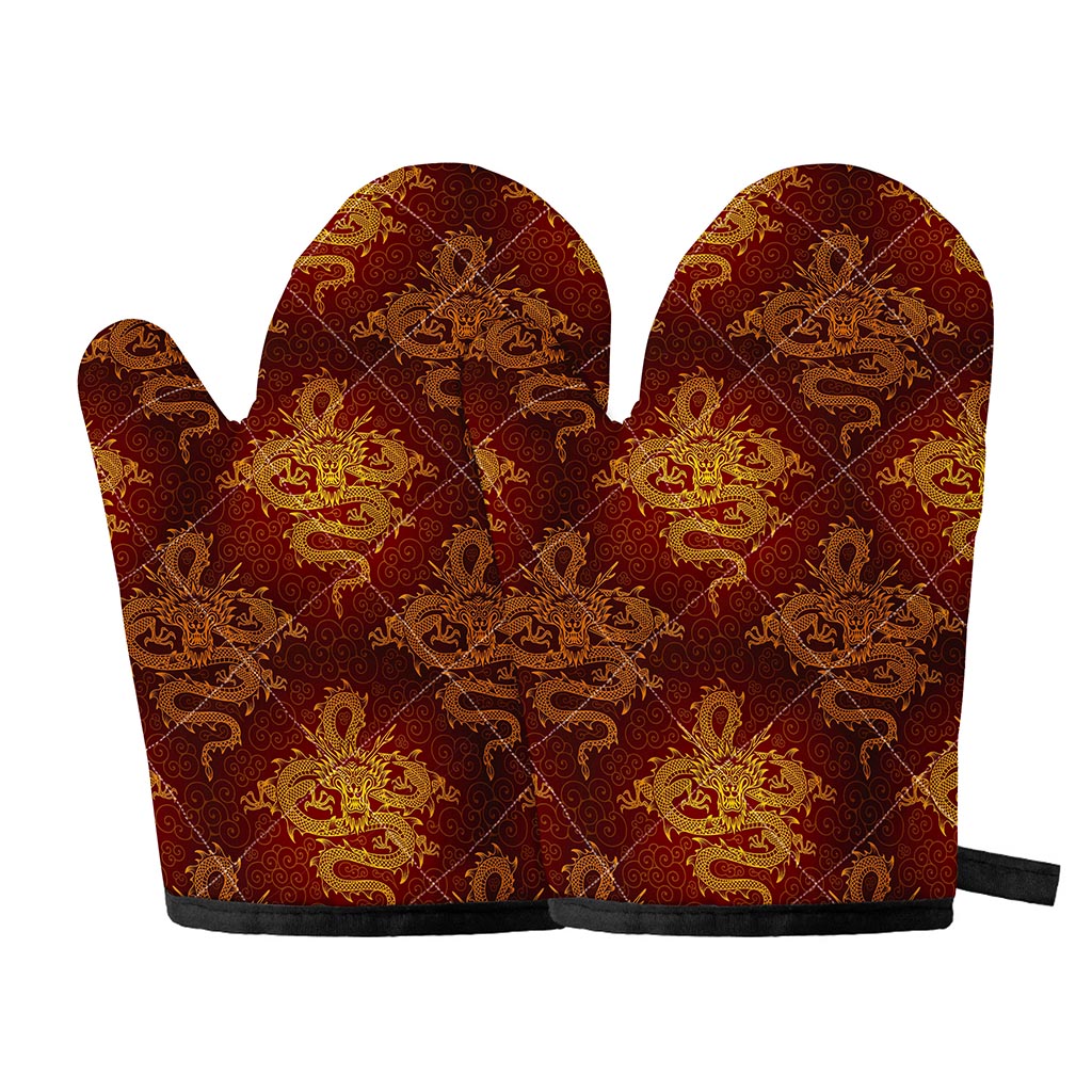 Gold Chinese Dragon Pattern Print Oven Mitts