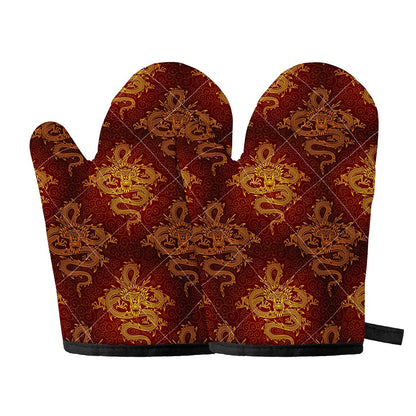 Gold Chinese Dragon Pattern Print Oven Mitts