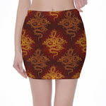 Gold Chinese Dragon Pattern Print Pencil Mini Skirt