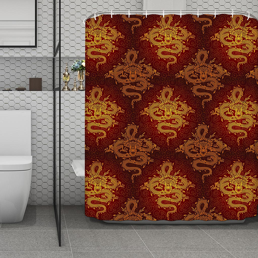 Gold Chinese Dragon Pattern Print Polyester Shower Curtain