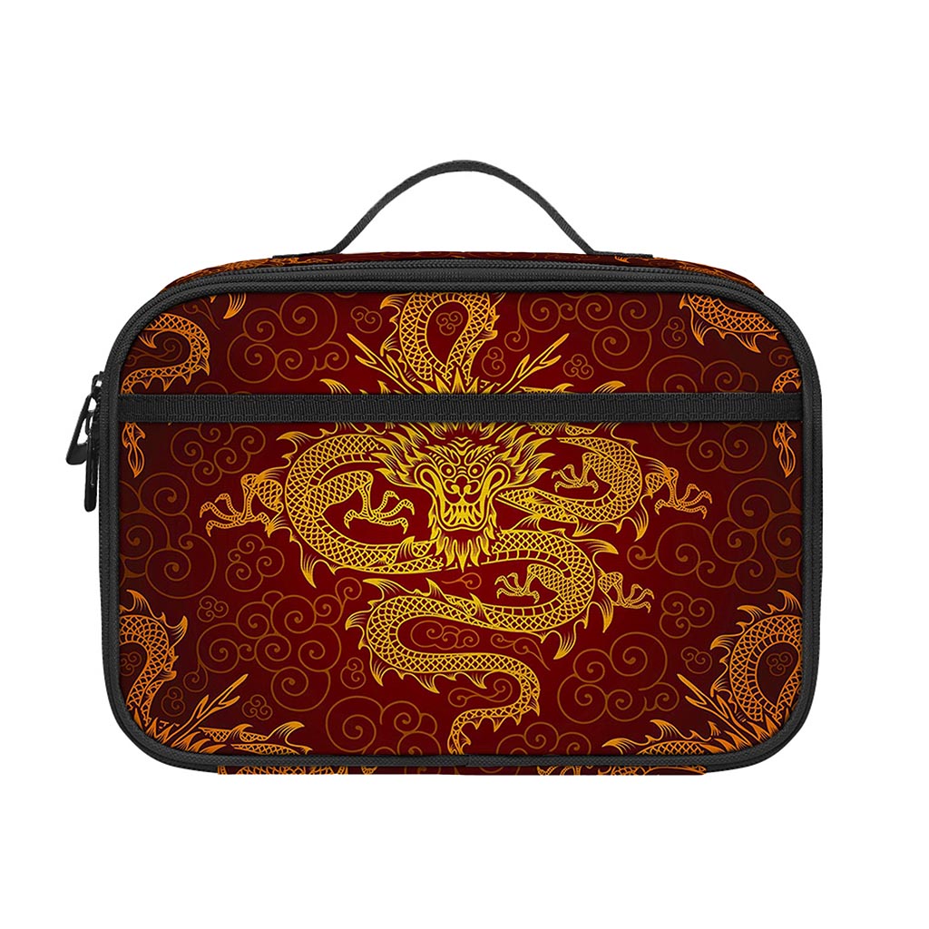 Gold Chinese Dragon Pattern Print Portable Lunch Bag