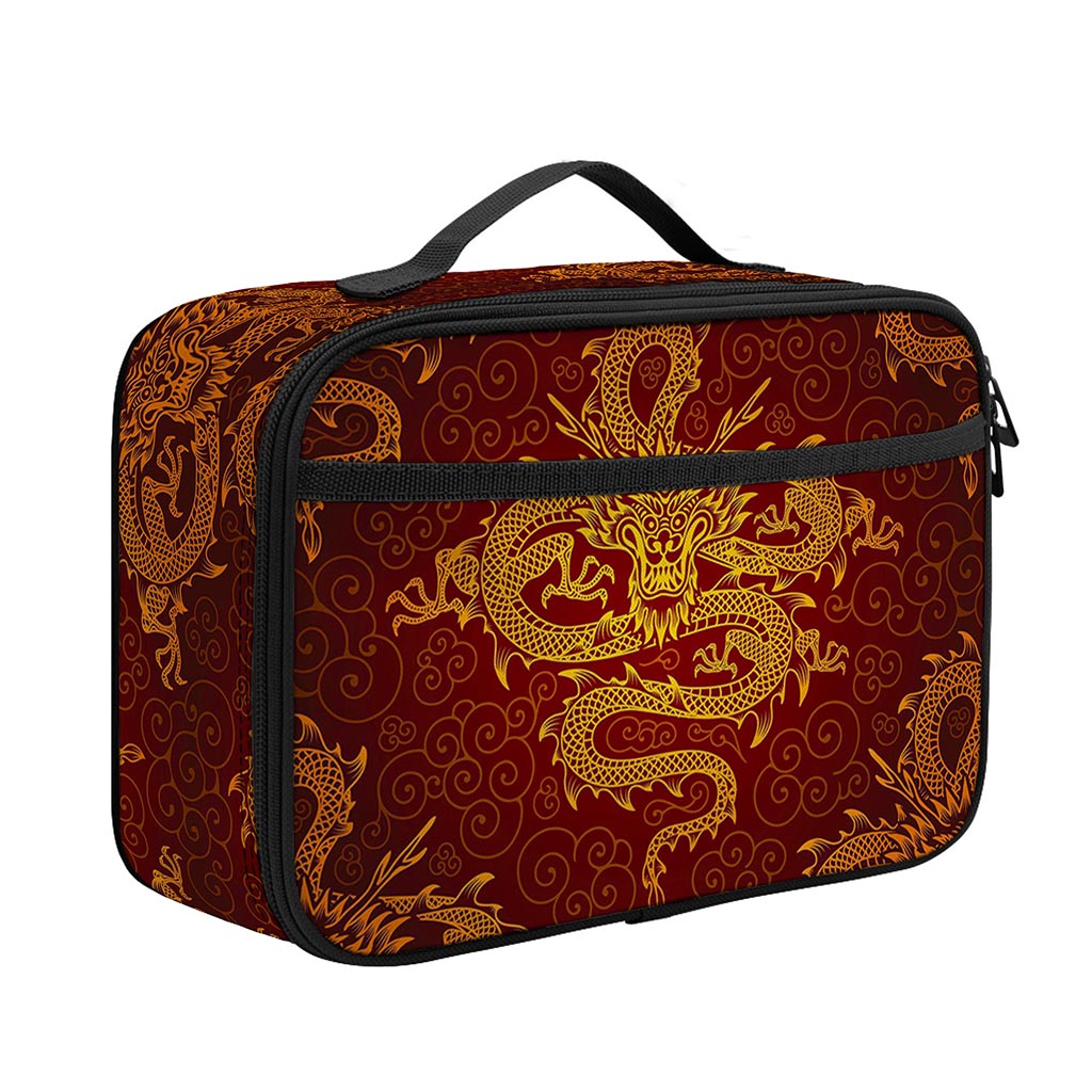 Gold Chinese Dragon Pattern Print Portable Lunch Bag
