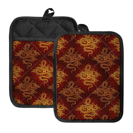Gold Chinese Dragon Pattern Print Pot Holders With Pocket