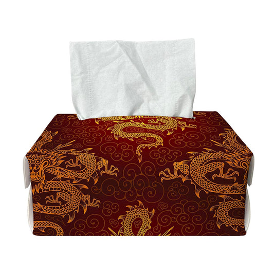 Gold Chinese Dragon Pattern Print Rectangle Tissue Box Cover