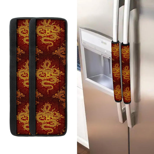 Gold Chinese Dragon Pattern Print Refrigerator Handle Covers