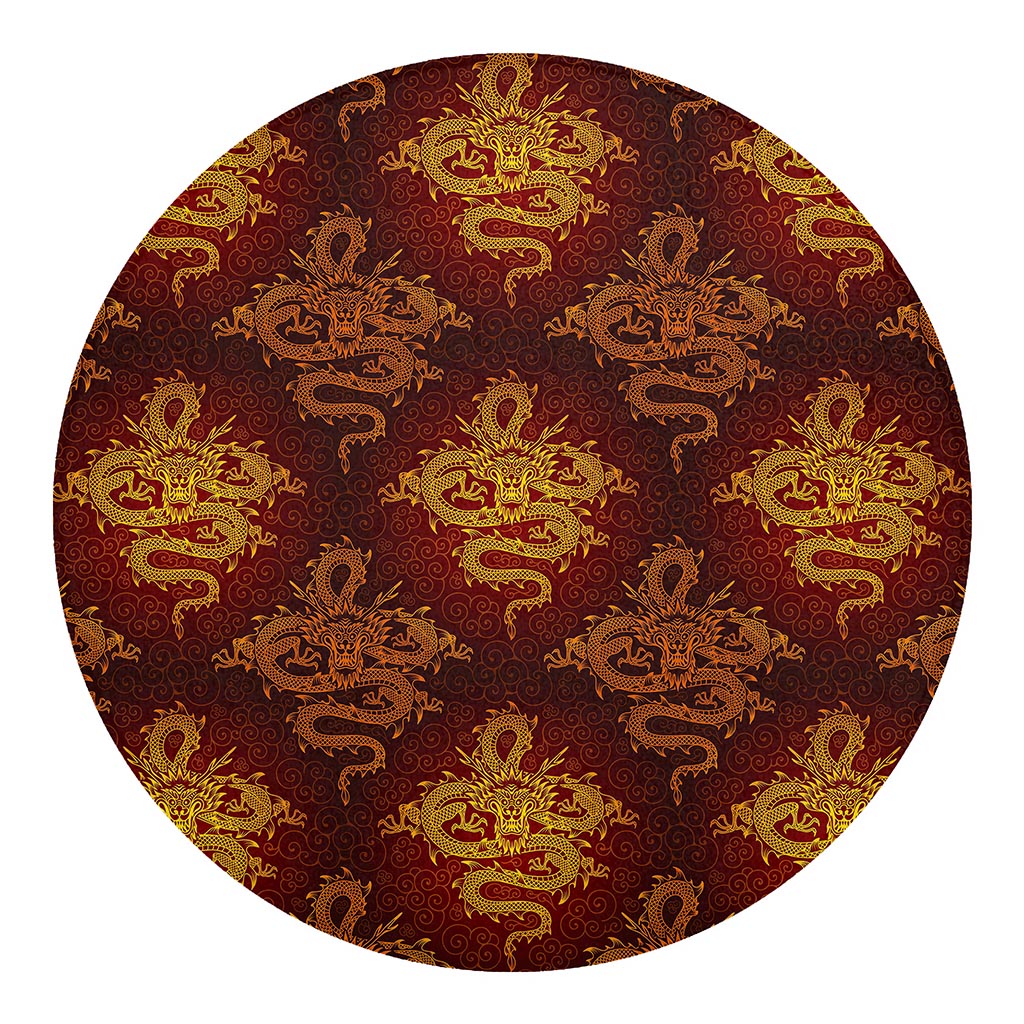 Gold Chinese Dragon Pattern Print Round Blanket