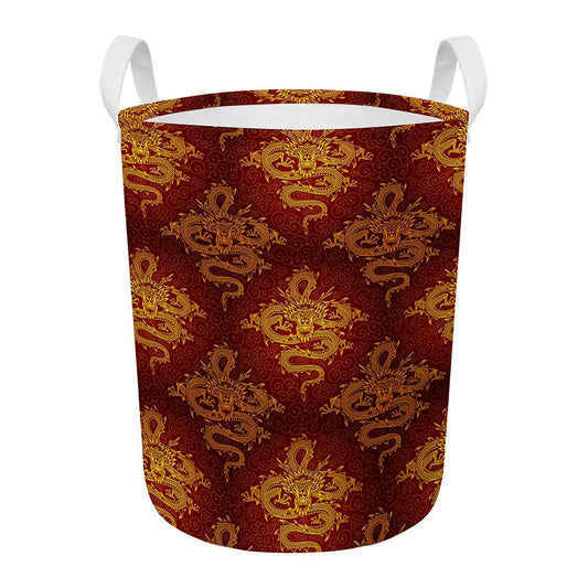Gold Chinese Dragon Pattern Print Round Laundry Basket