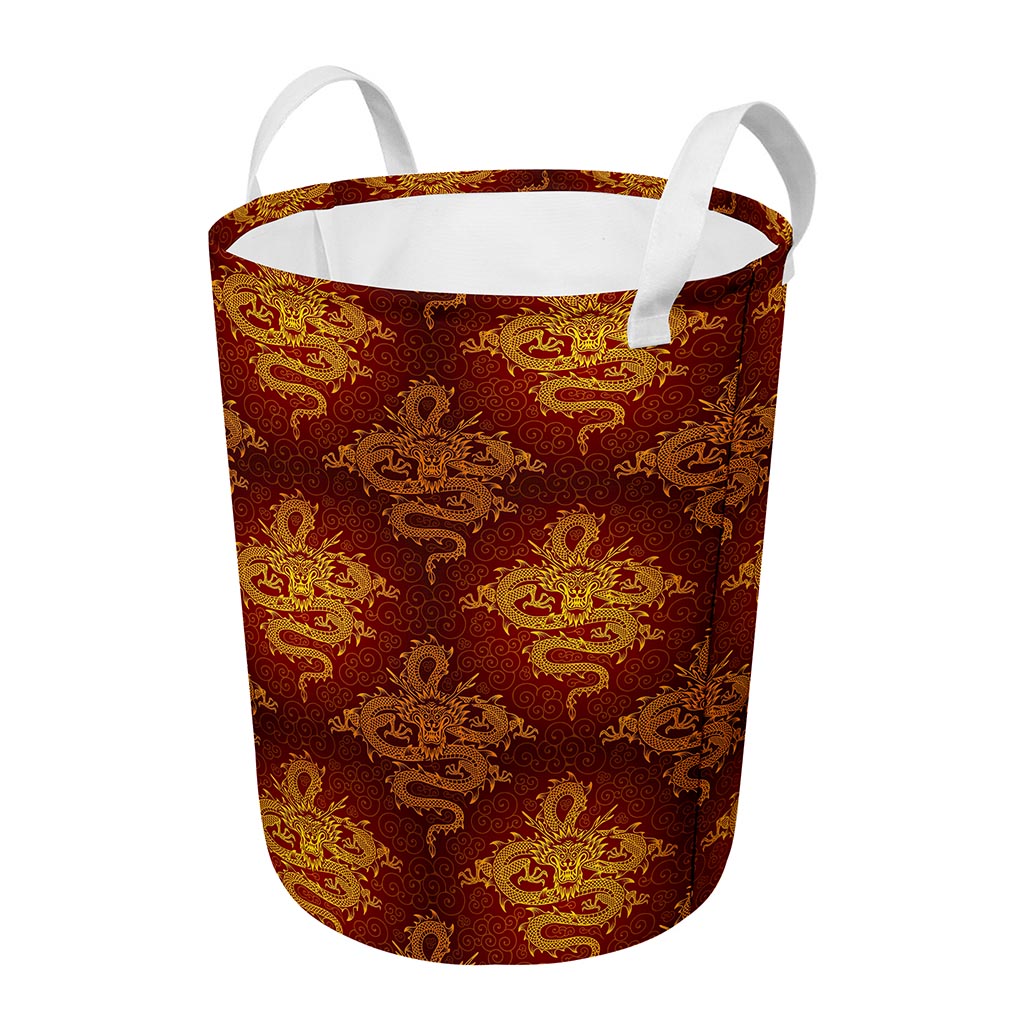 Gold Chinese Dragon Pattern Print Round Laundry Basket