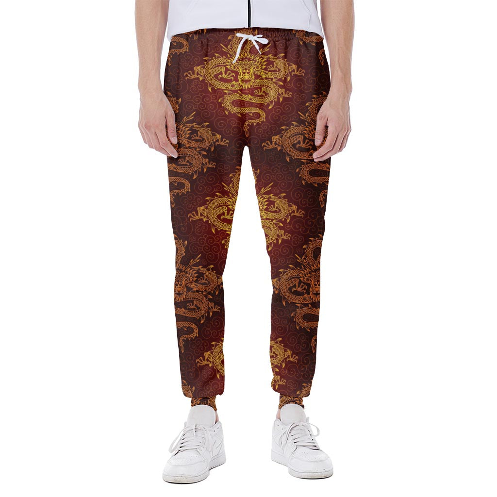 Gold Chinese Dragon Pattern Print Scuba Joggers