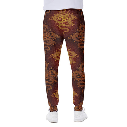 Gold Chinese Dragon Pattern Print Scuba Joggers