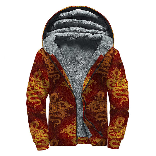 Gold Chinese Dragon Pattern Print Sherpa Lined Zip Up Hoodie