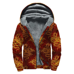 Gold Chinese Dragon Pattern Print Sherpa Lined Zip Up Hoodie