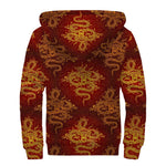 Gold Chinese Dragon Pattern Print Sherpa Lined Zip Up Hoodie