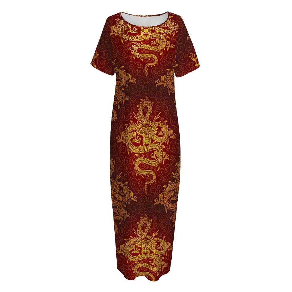 Gold Chinese Dragon Pattern Print Short Sleeve Long Nightdress