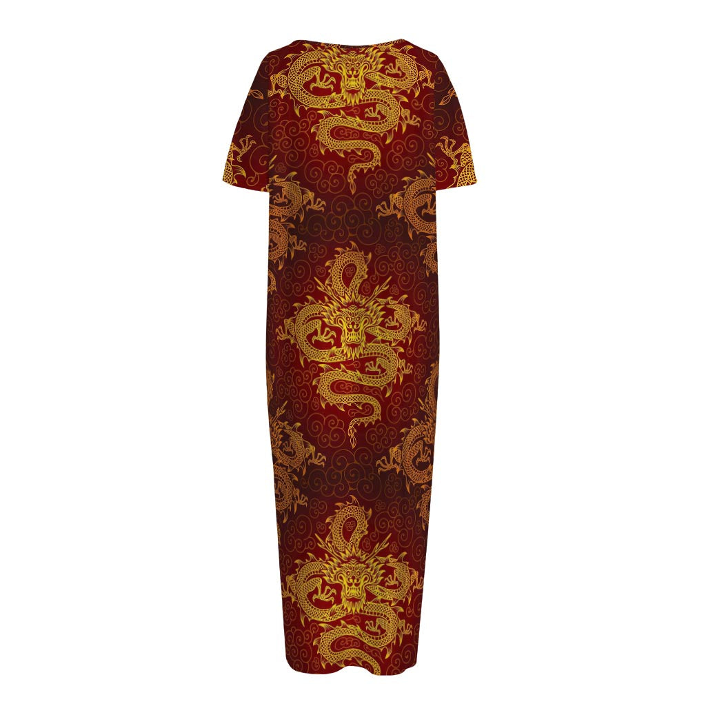 Gold Chinese Dragon Pattern Print Short Sleeve Long Nightdress