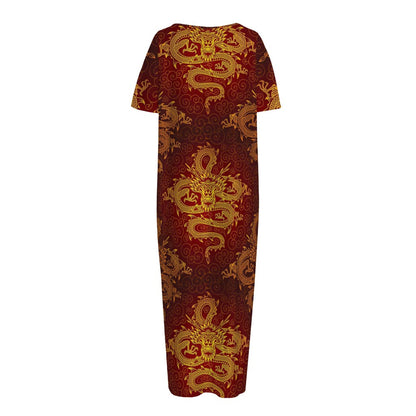 Gold Chinese Dragon Pattern Print Short Sleeve Long Nightdress