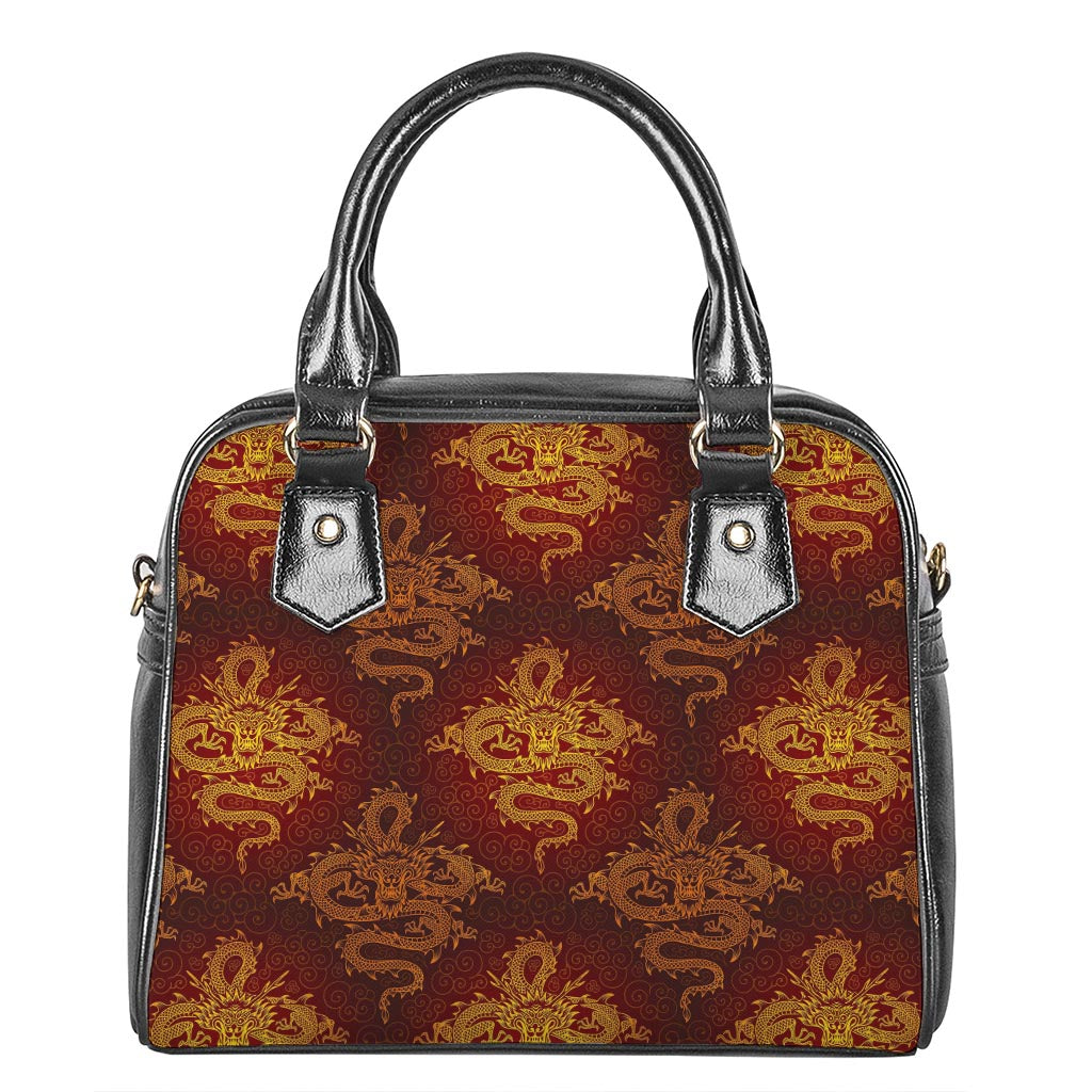 Gold Chinese Dragon Pattern Print Shoulder Handbag