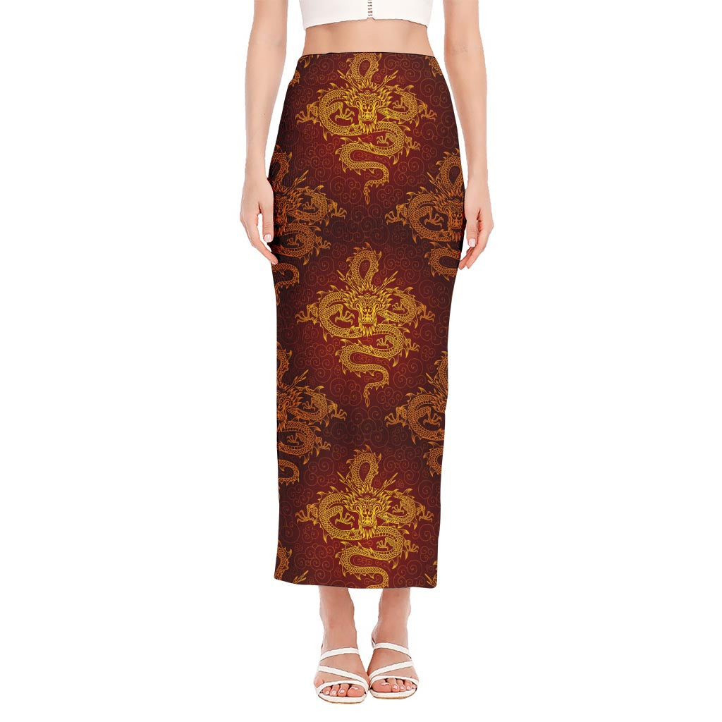 Gold Chinese Dragon Pattern Print Side Slit Maxi Skirt