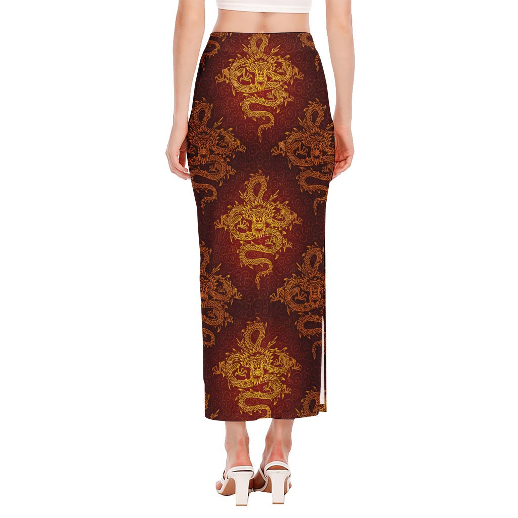 Gold Chinese Dragon Pattern Print Side Slit Maxi Skirt