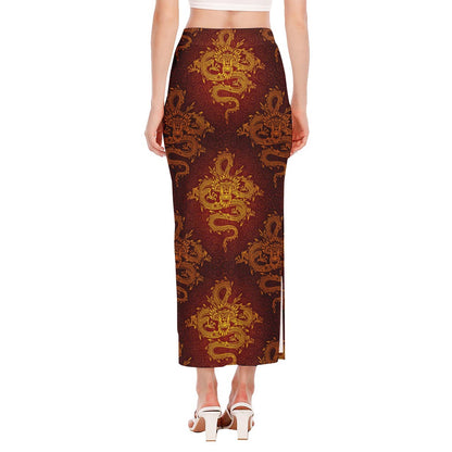 Gold Chinese Dragon Pattern Print Side Slit Maxi Skirt