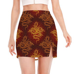 Gold Chinese Dragon Pattern Print Side Slit Mini Skirt