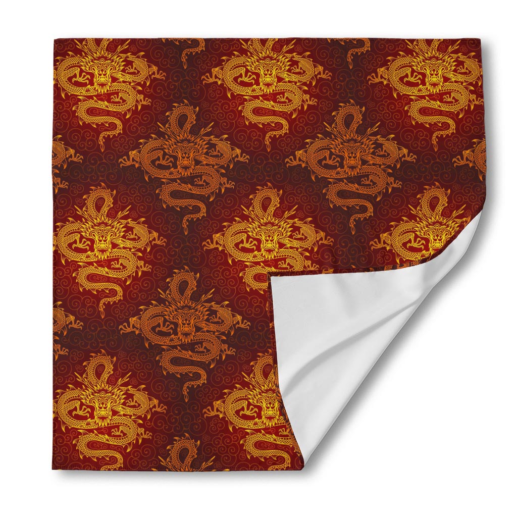 Gold Chinese Dragon Pattern Print Silk Bandana