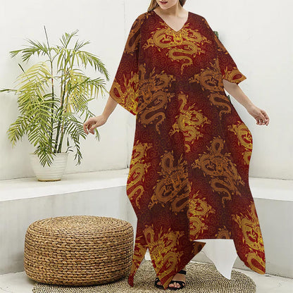 Gold Chinese Dragon Pattern Print Silk V-Neck Kaftan Dress