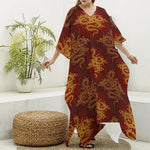 Gold Chinese Dragon Pattern Print Silk V-Neck Kaftan Dress
