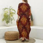 Gold Chinese Dragon Pattern Print Silk V-Neck Kaftan Dress