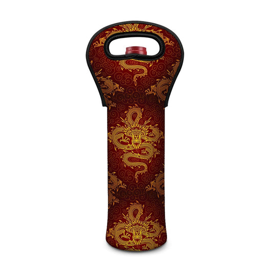 Gold Chinese Dragon Pattern Print Single Neoprene Wine Tote