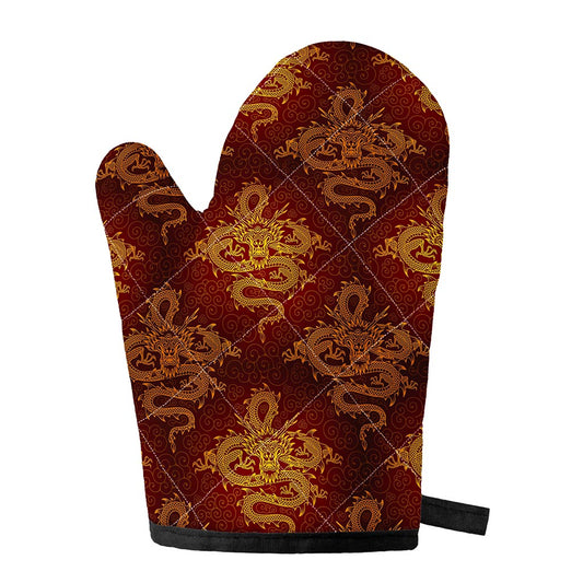 Gold Chinese Dragon Pattern Print Single Oven Mitt