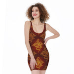 Gold Chinese Dragon Pattern Print Sleeveless Bodycon Dress