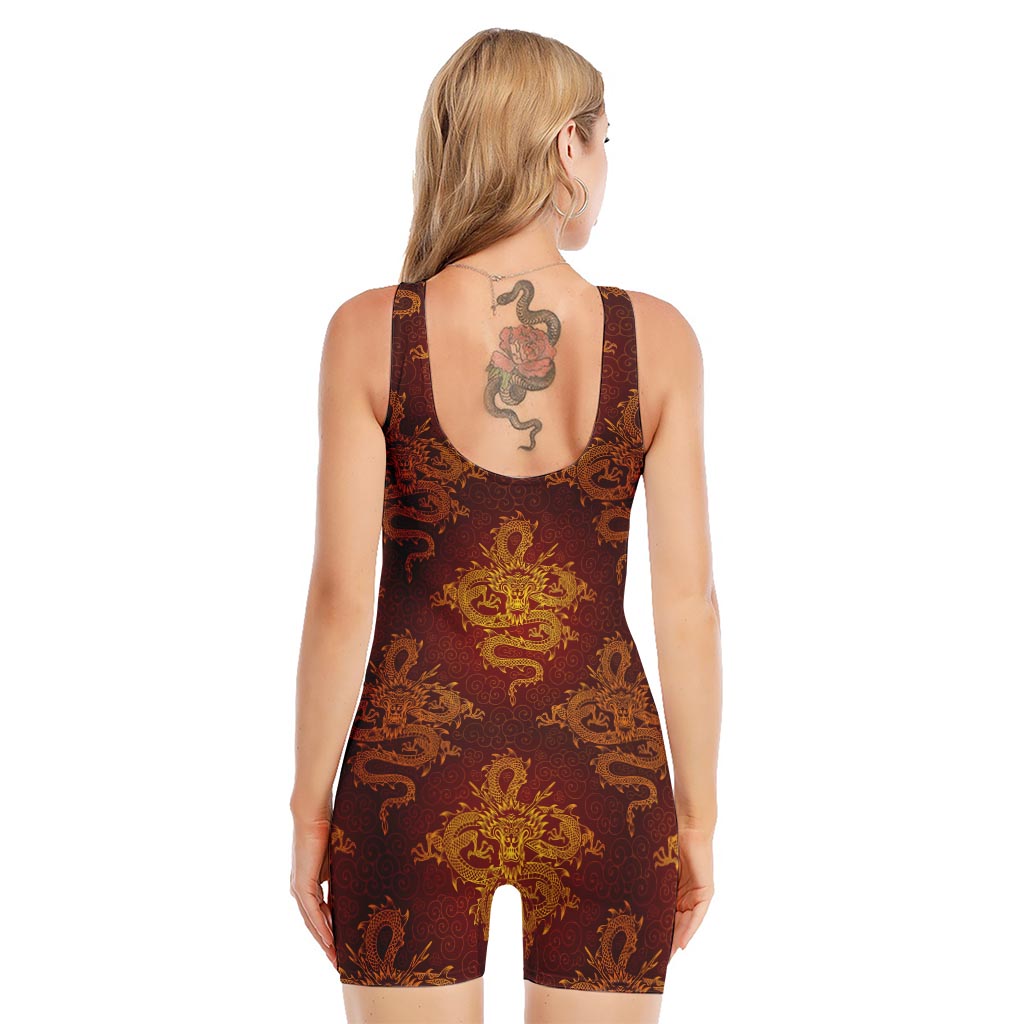 Gold Chinese Dragon Pattern Print Sleeveless One Piece Swimsuit