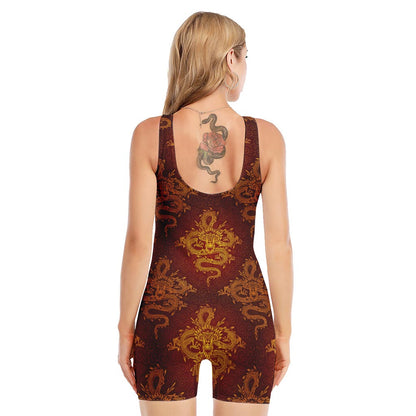 Gold Chinese Dragon Pattern Print Sleeveless One Piece Swimsuit