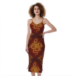 Gold Chinese Dragon Pattern Print Slim Fit Midi Cami Dress