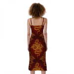 Gold Chinese Dragon Pattern Print Slim Fit Midi Cami Dress